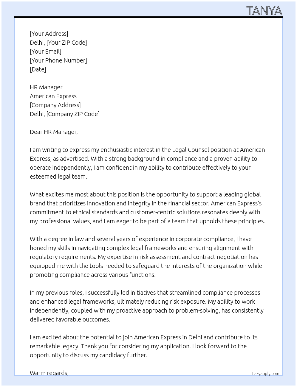 Cover letter for legal counsel - LazyApply