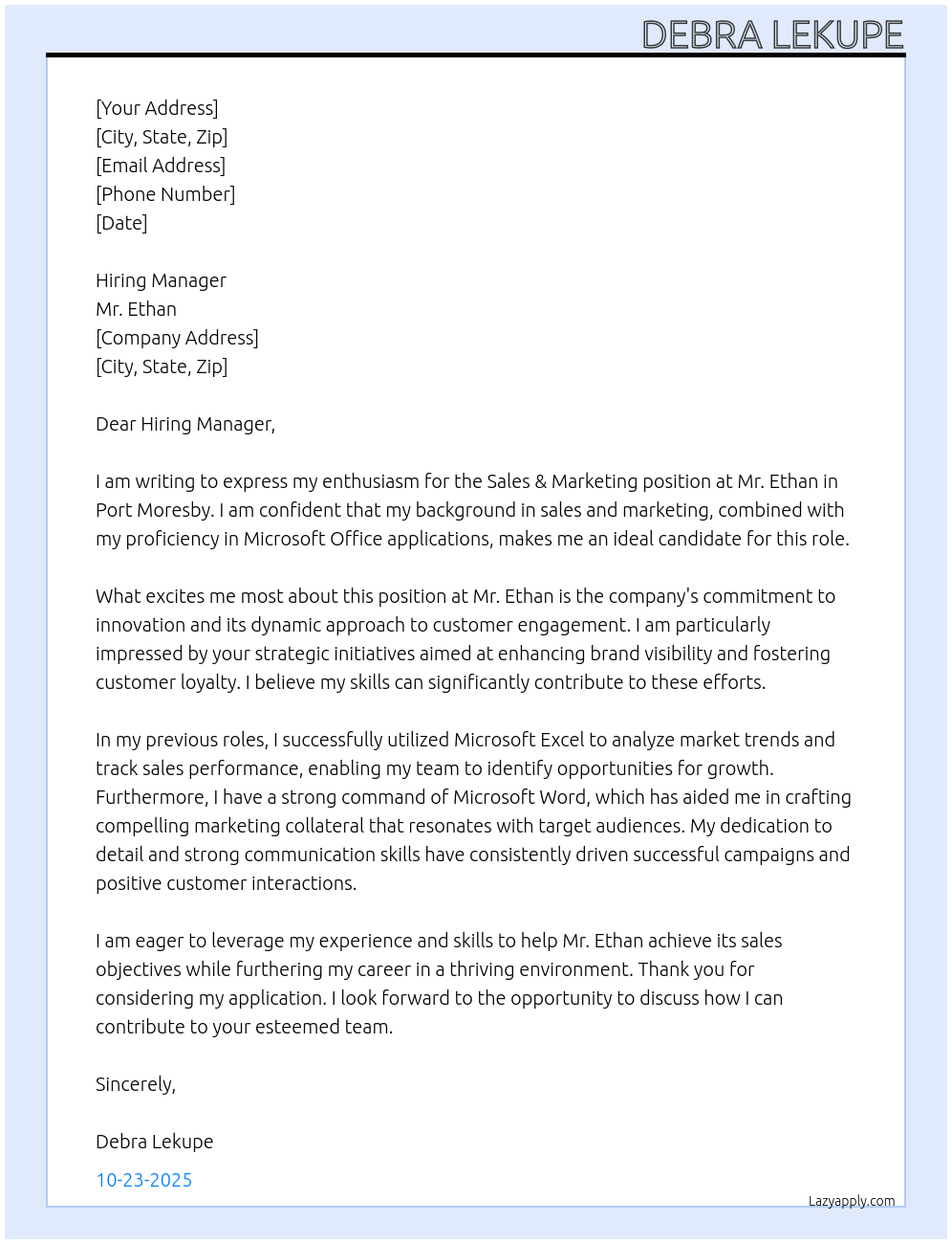 Cover letter for sales marketing - LazyApply