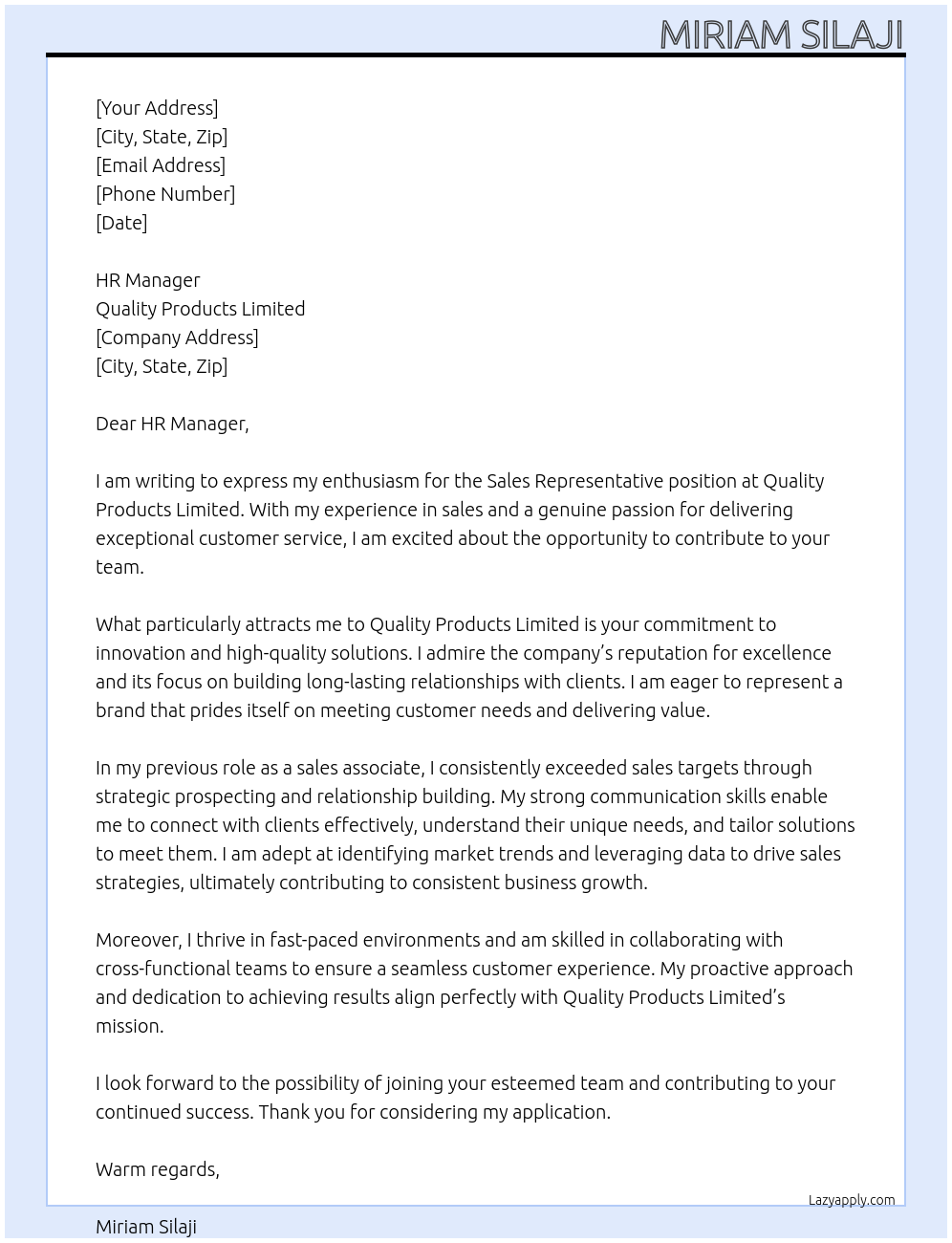sales representative At quality products limited Cover Letter
