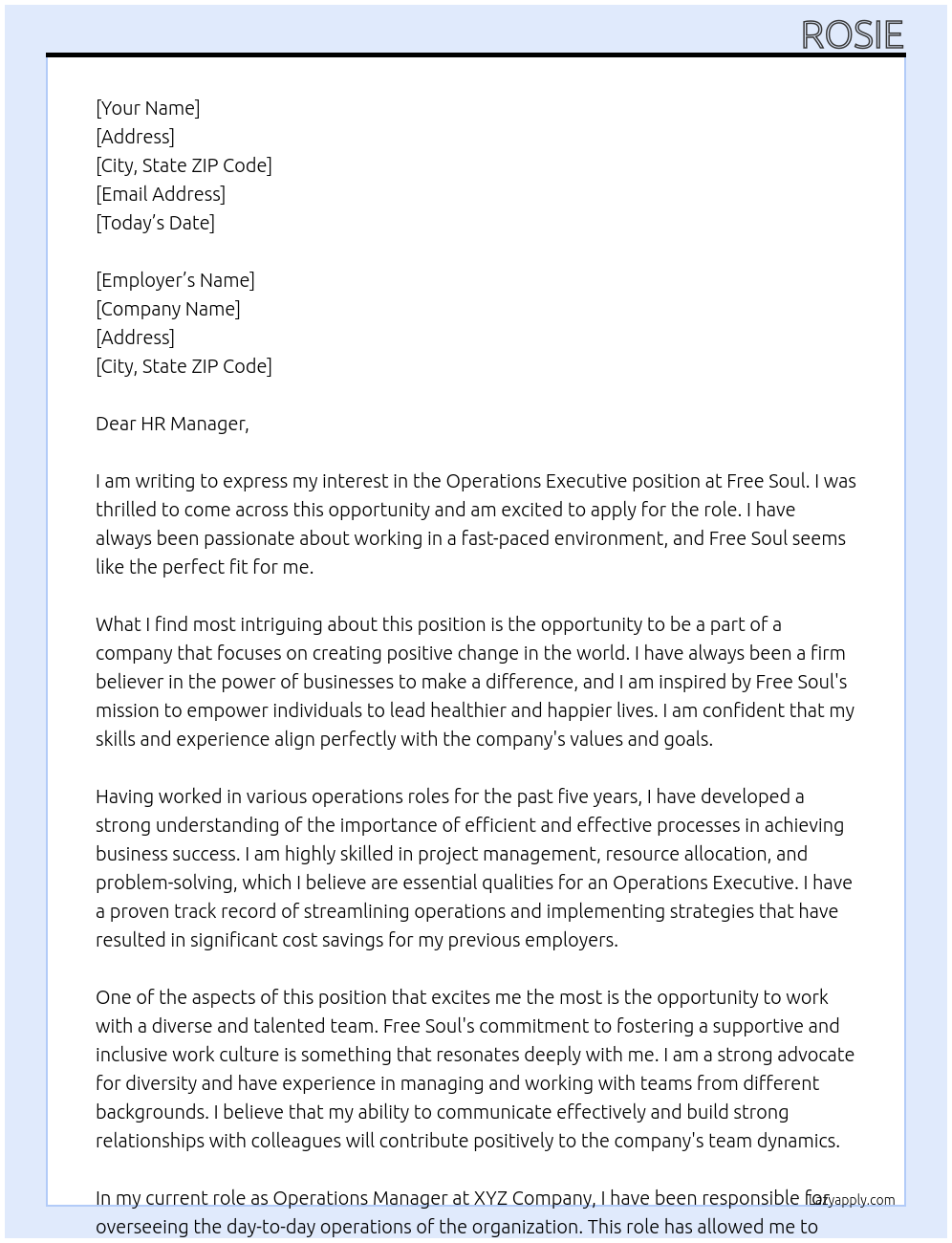 Operations Executive At Free Soul Cover Letter