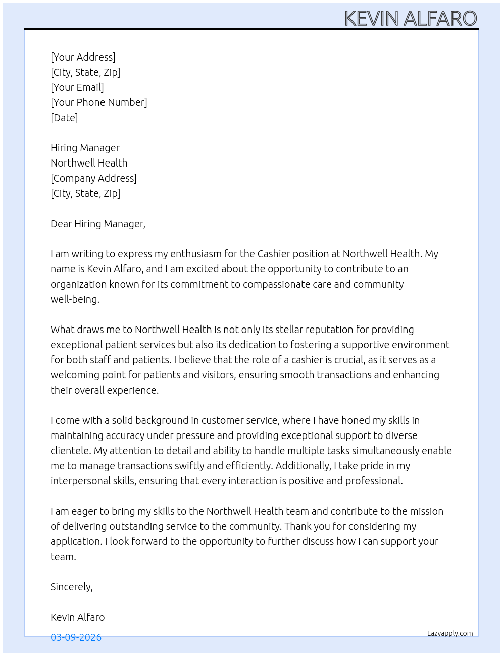 Cashier  At Northwell Health Cover Letter