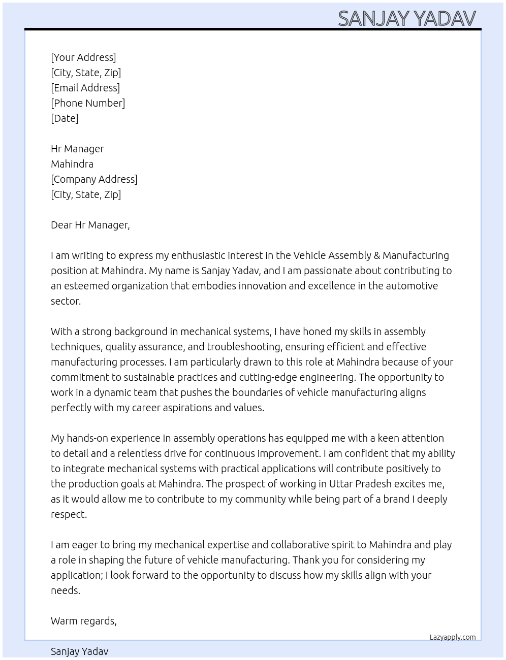 Vehicle Assembly & Manufacturing  At mahindra  Cover Letter