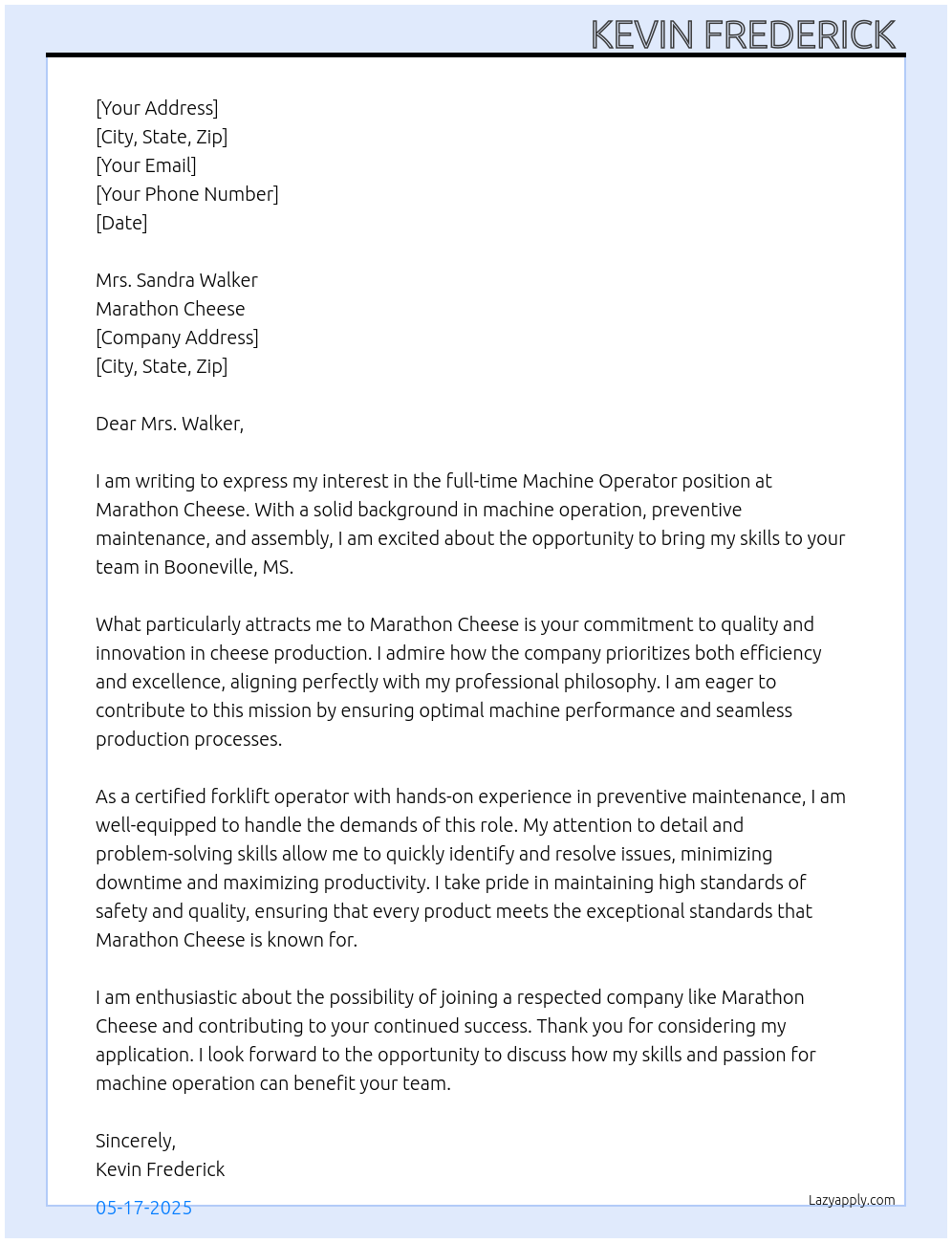 Machine Operator At Marathon Cheese Cover Letter