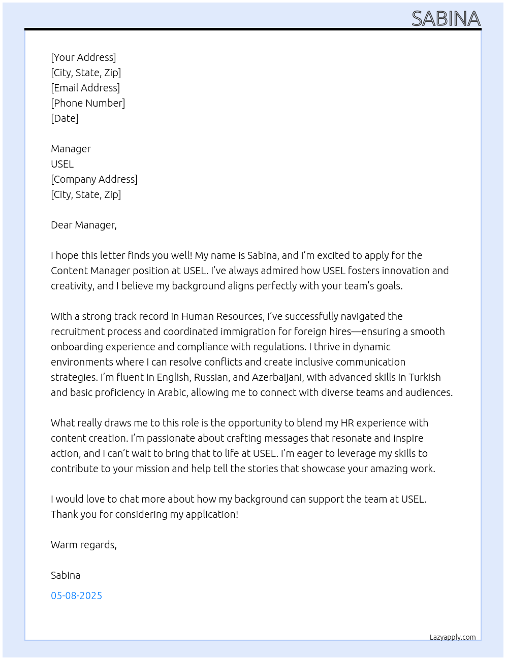Cover letter for content manager - LazyApply