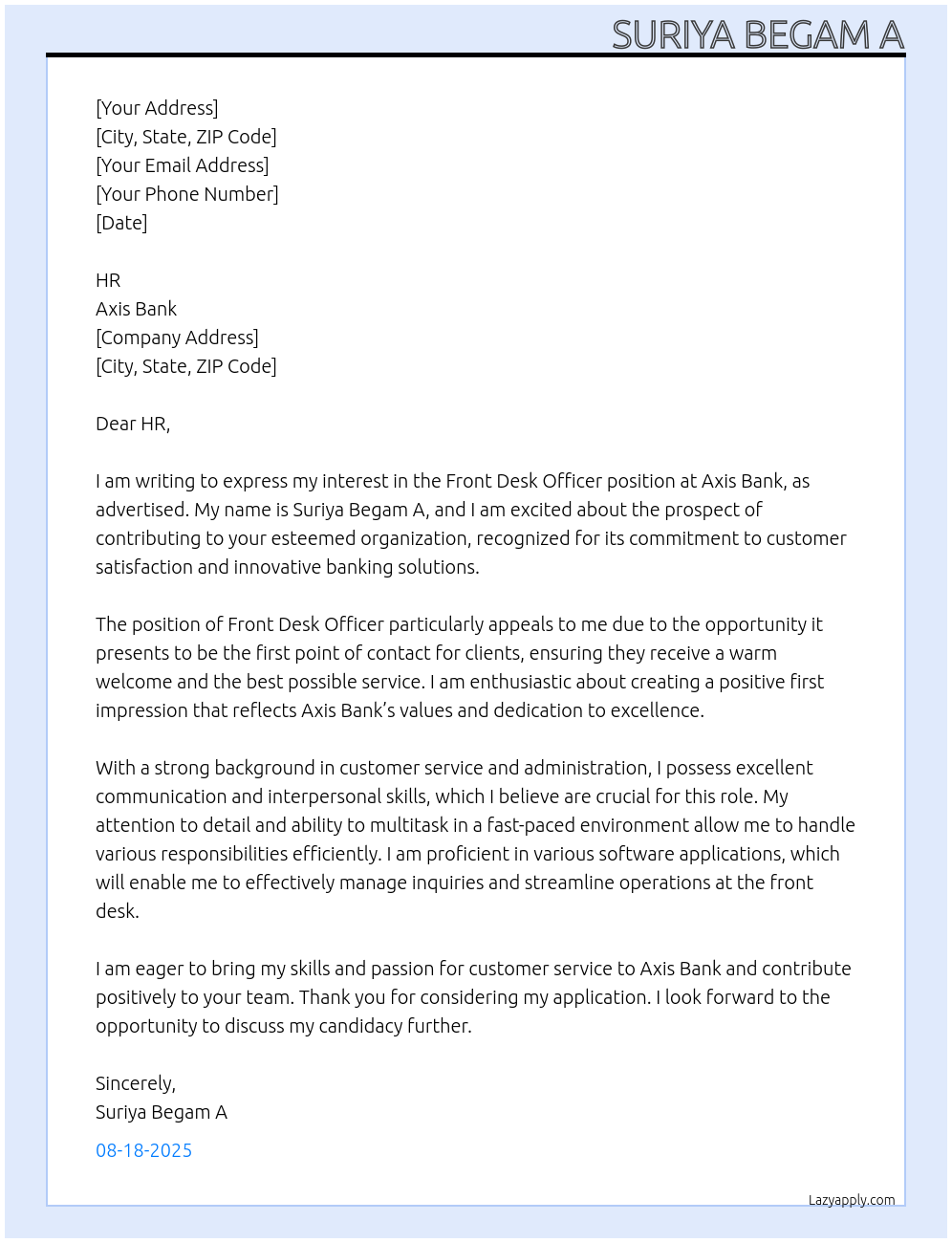 Front desk officer At Axis bank Cover Letter