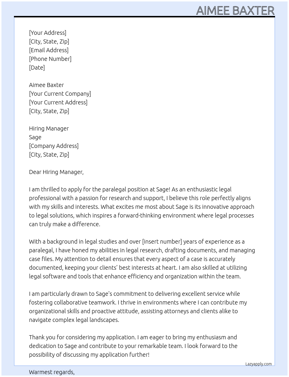 paralegal At Sage Cover Letter