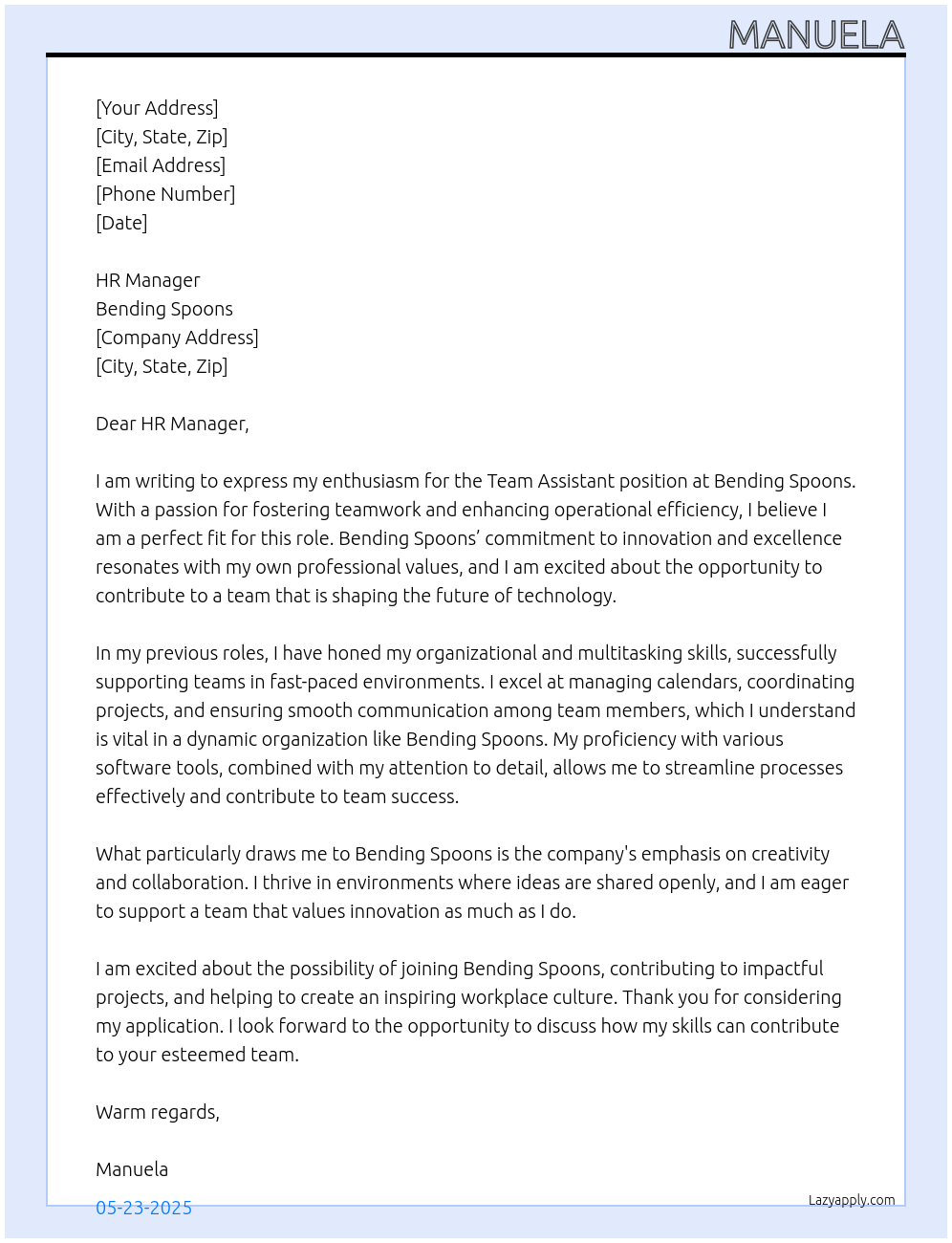 Team assistant At Bending Spoons Cover Letter