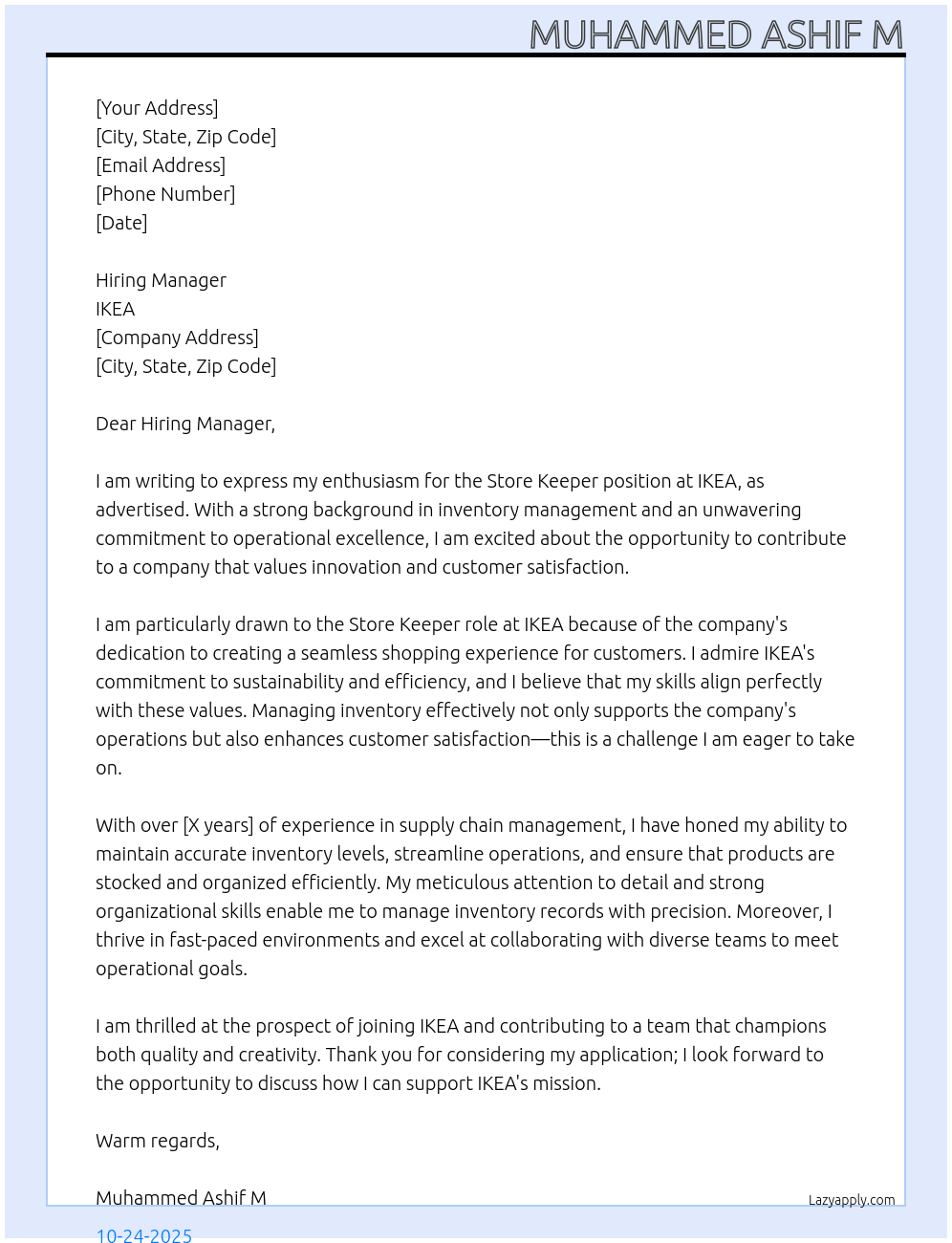 Store keeper At IKEA Cover Letter