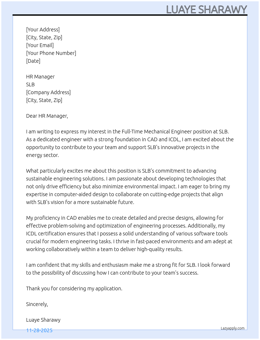 Mechanical Engineer At SLB Cover Letter