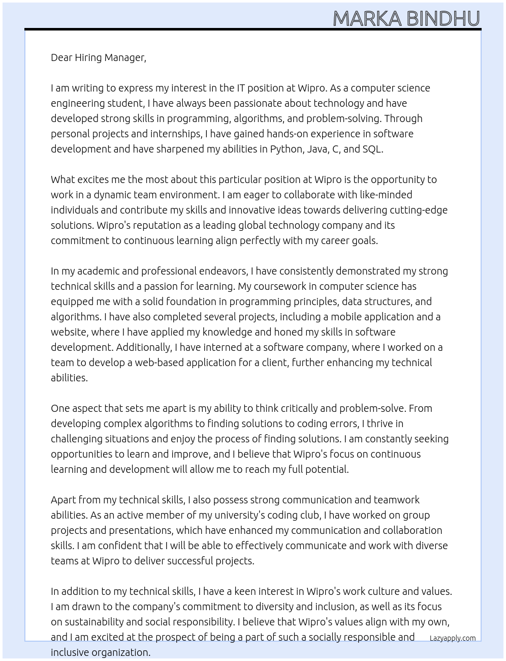 IT At Wipro Cover Letter