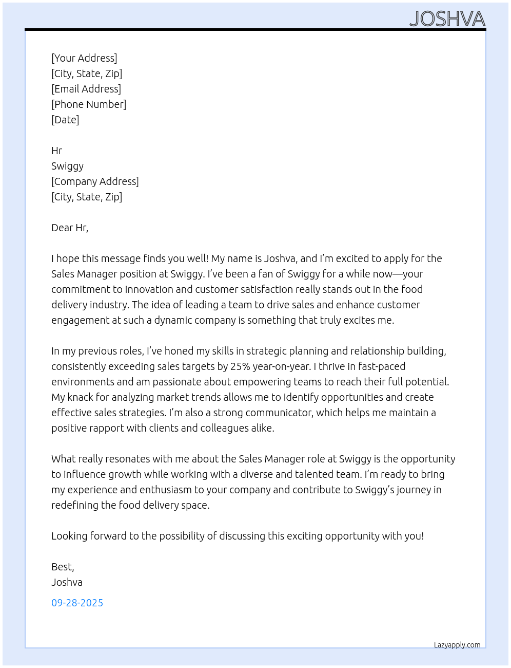 Sales manager At Swiggy Cover Letter