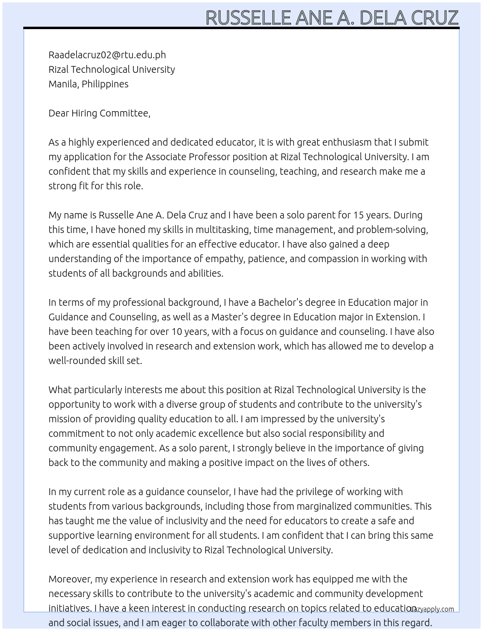 Associate Professor At Rizal Technological University Cover Letter