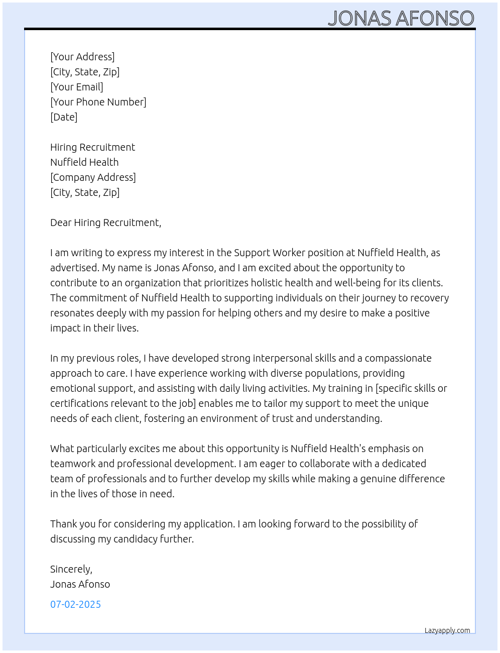 Support worker At Nuffield health Cover Letter