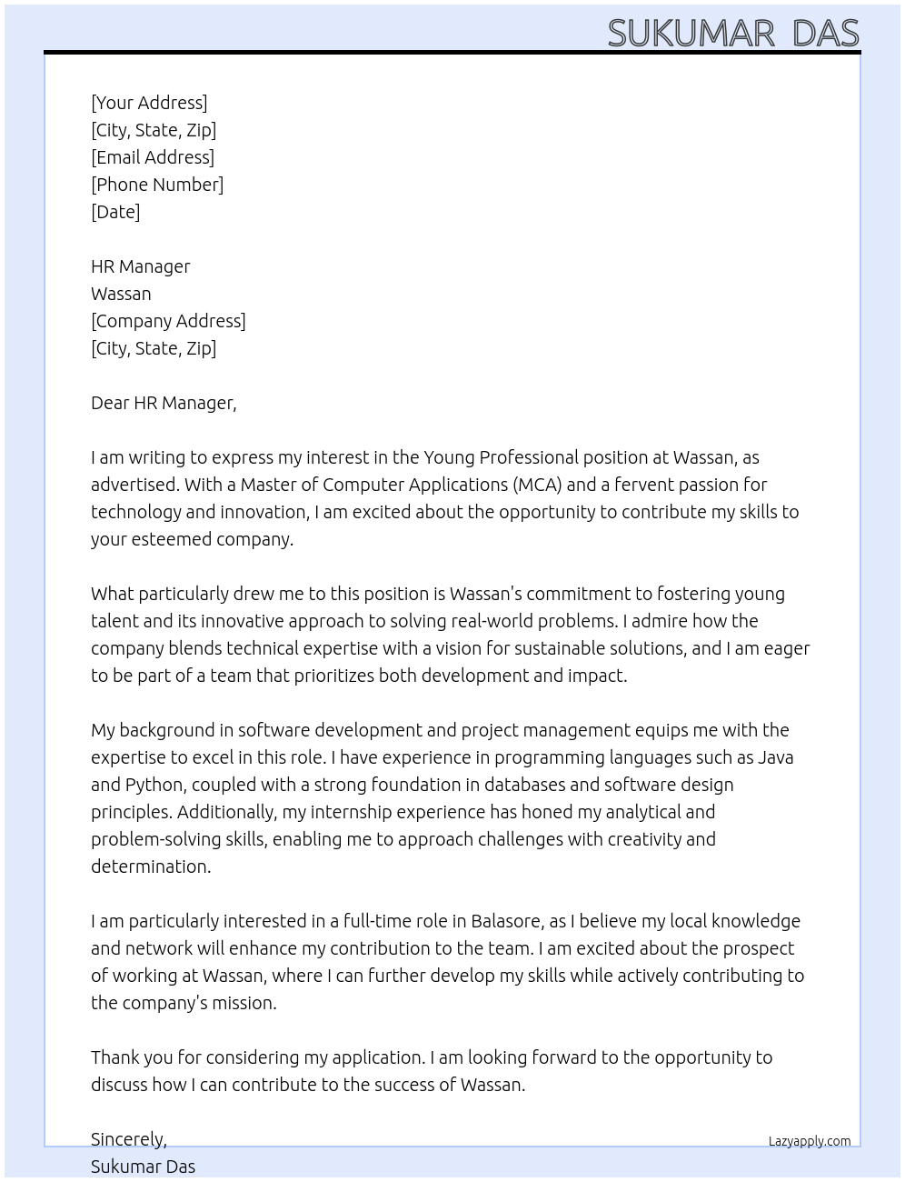 Young Professional At wassan Cover Letter