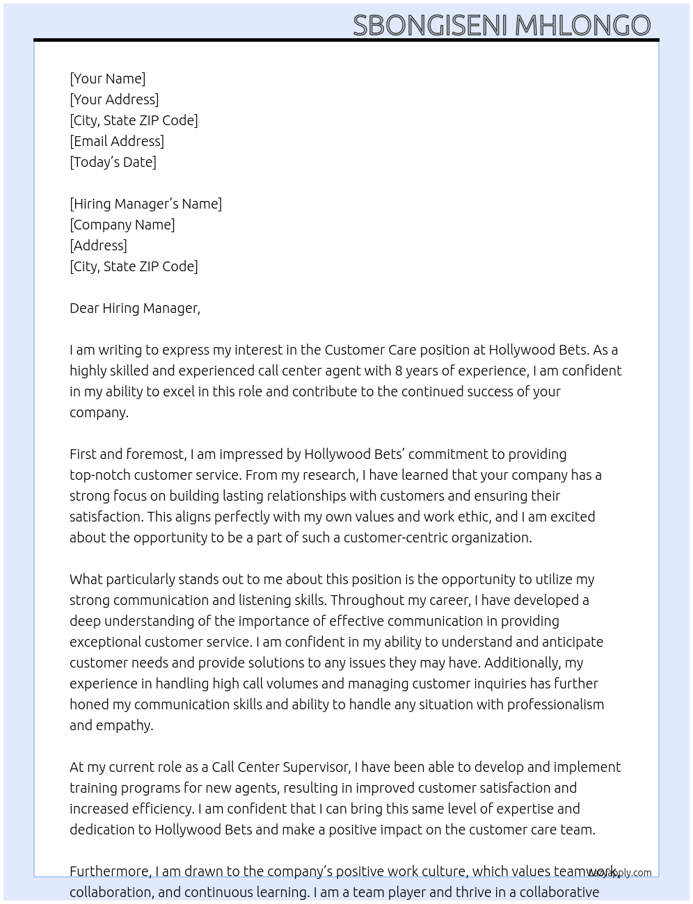 Customer Care  At Hollywood Bets  Cover Letter