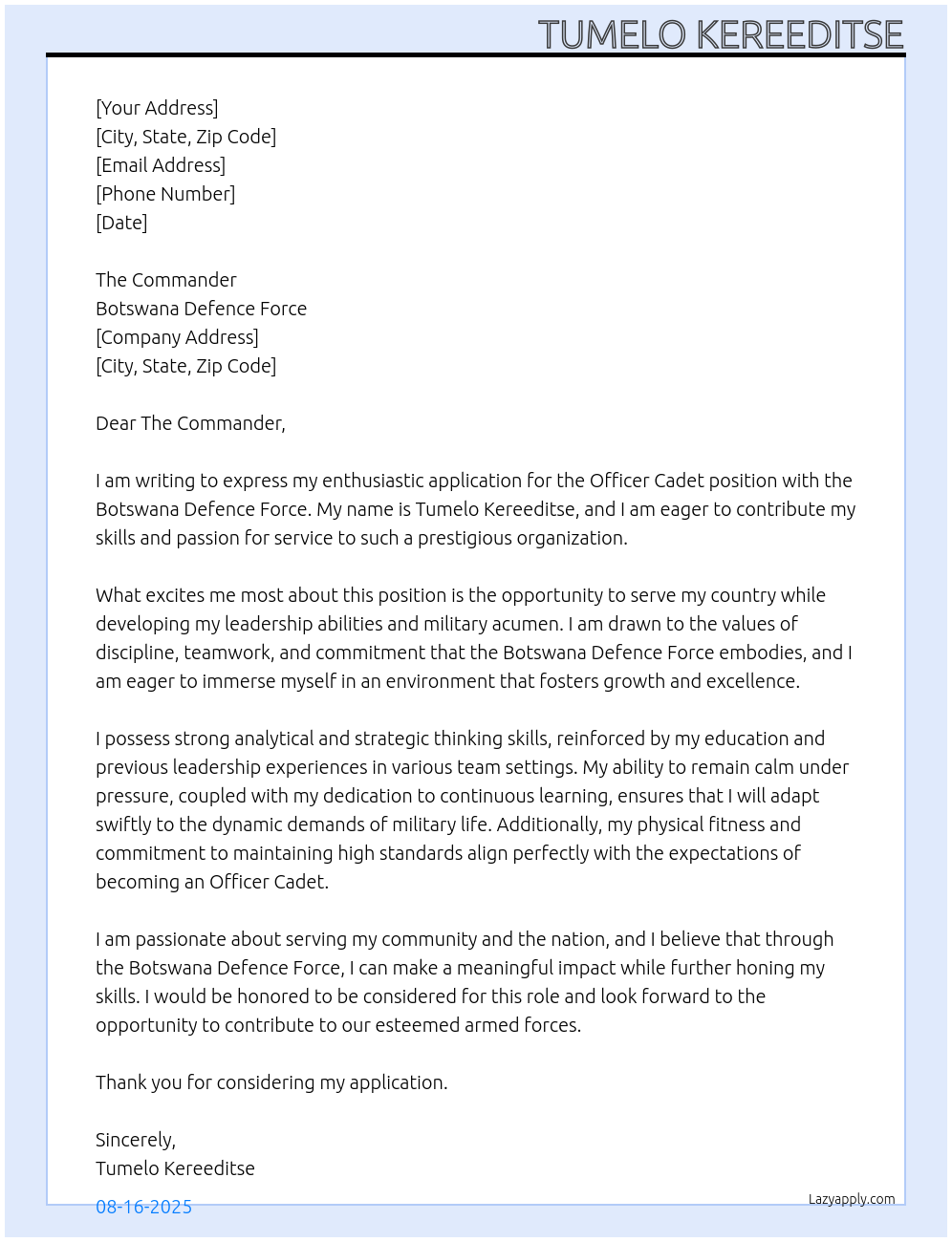 Cover letter for officer cadet - LazyApply