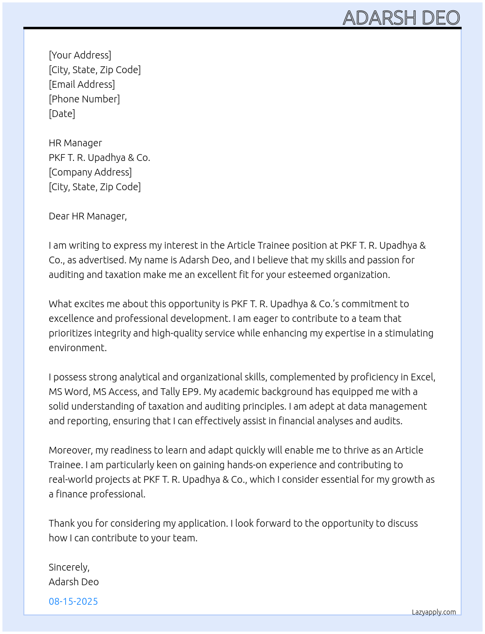 Article Trainee At PKF T. R. Upadhya & Co. Cover Letter