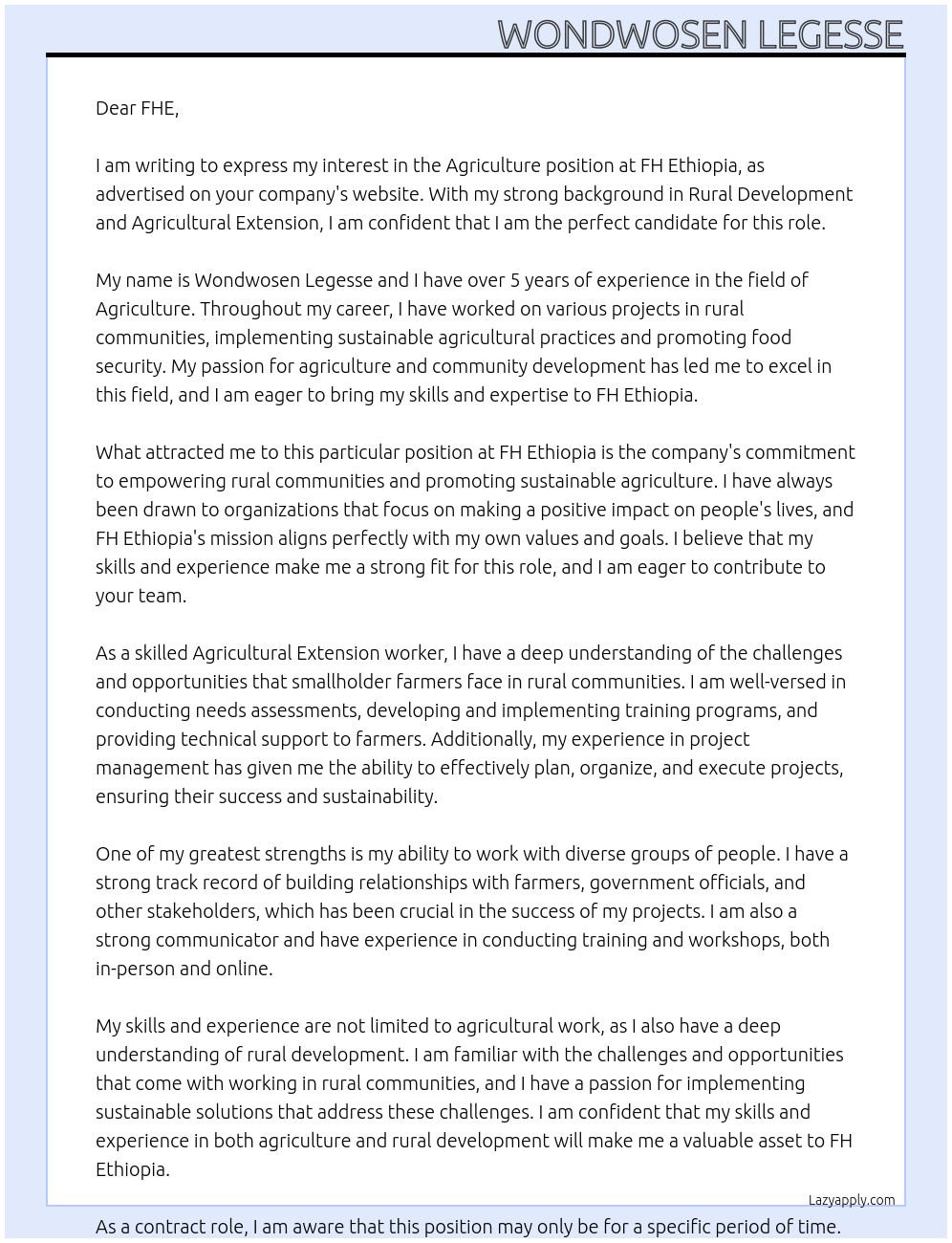 Agriculture At FH Ethiopia Cover Letter