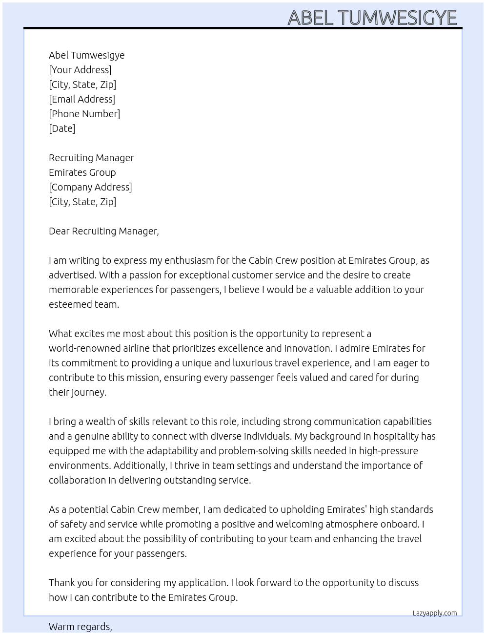 Cabin Crew At Emirates group Cover Letter