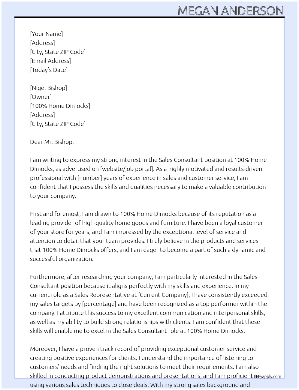 Sales consultant At 100% Home Dimocks Cover Letter
