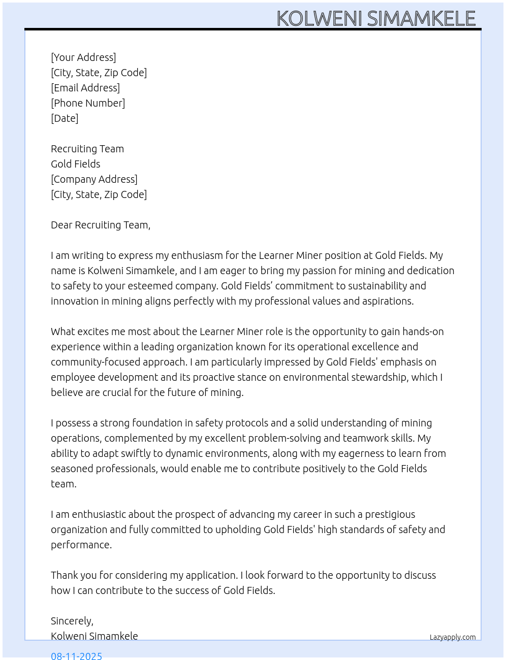 Learner miner At Gold Fields Cover Letter