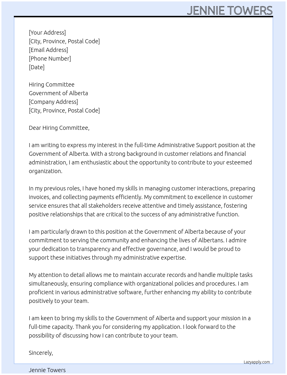 Administrative support At Government of Alberta Cover Letter