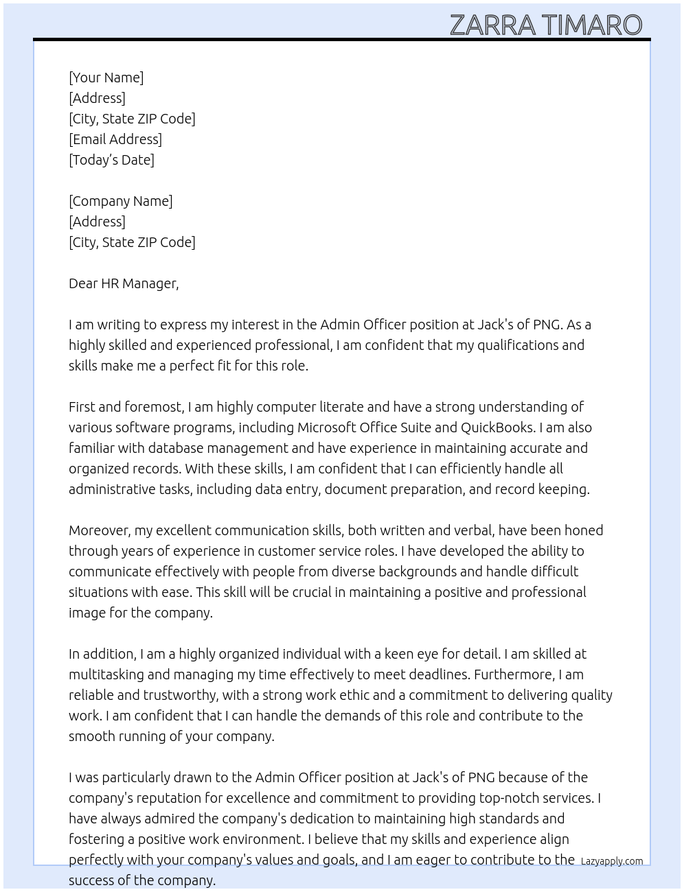 Admin Officer At Jack's of PNG Cover Letter