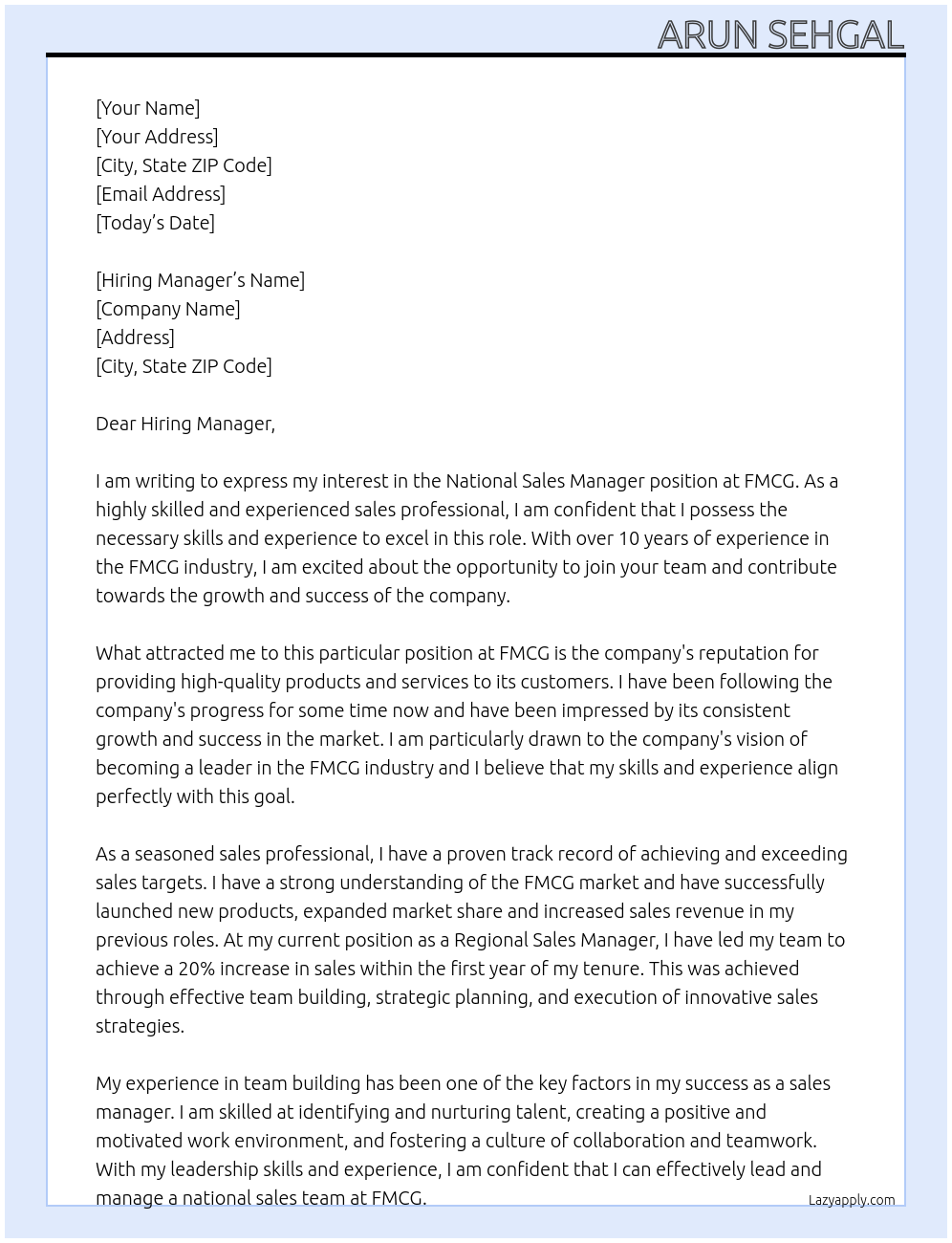 National Sales Manager At FMCG Cover Letter