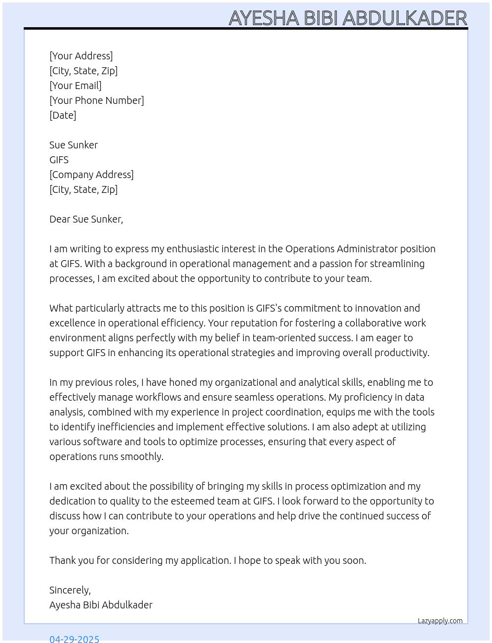  Operations Administrator At GIFS Cover Letter