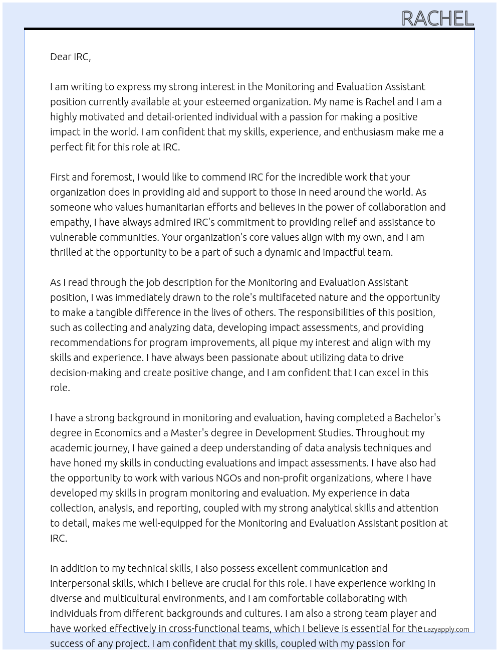 Cover letter for monitoring and evaluation assistsnt - LazyApply