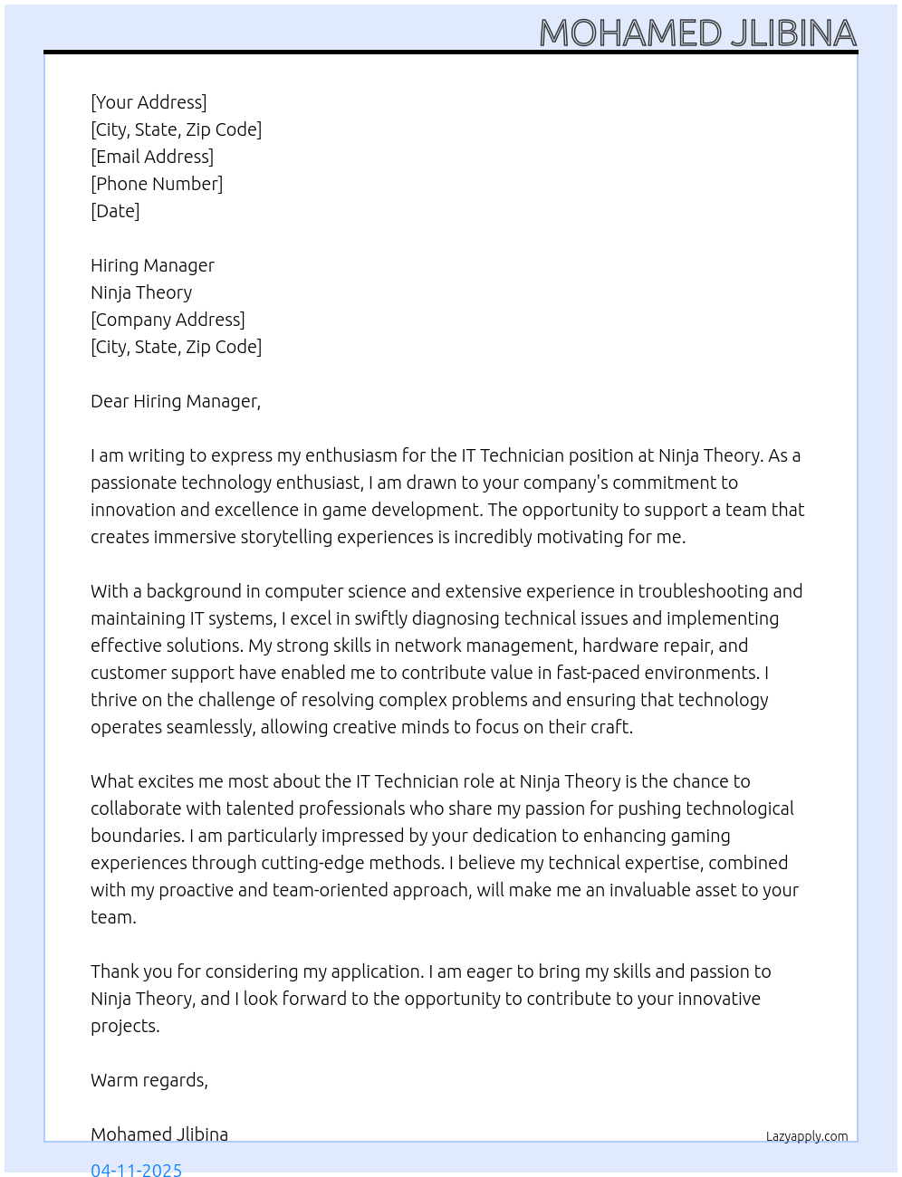 IT technician At Ninja Theory Cover Letter