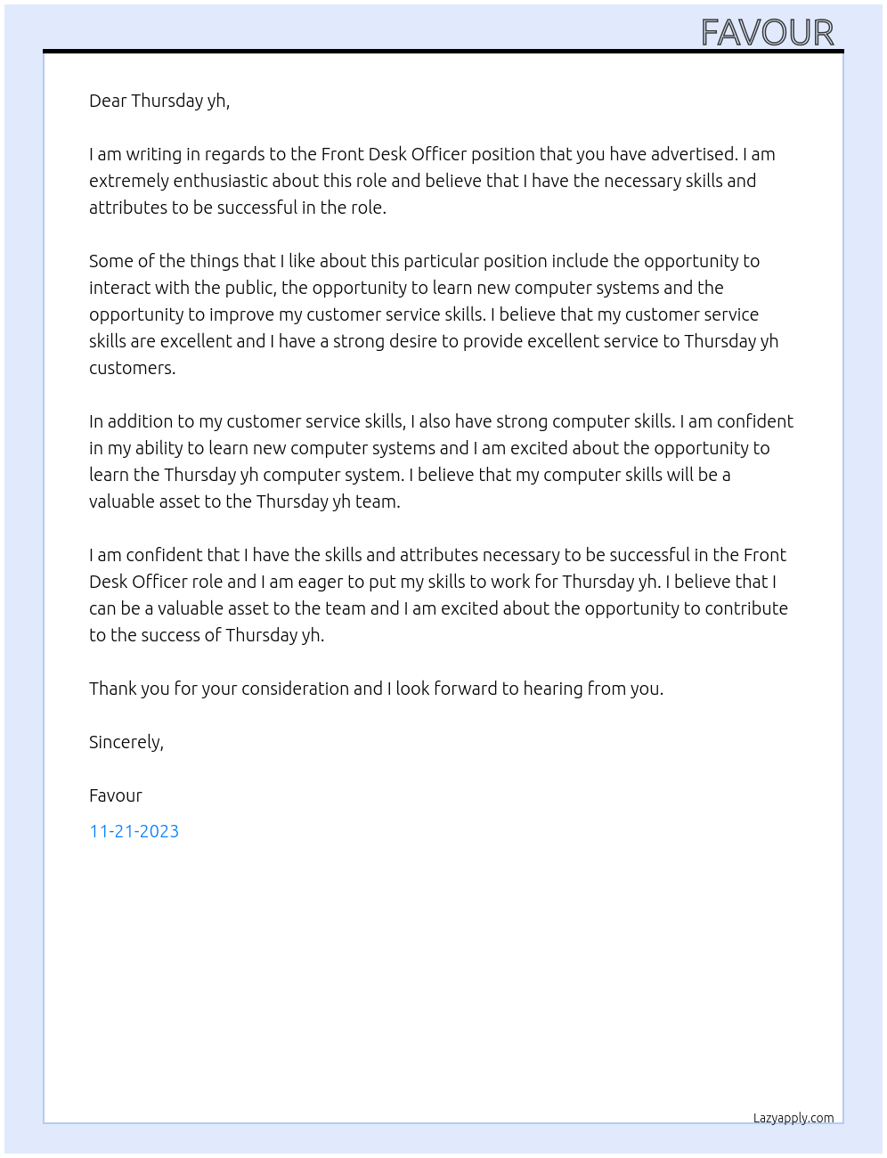 Front desk officer. At Thursday yh Cover Letter