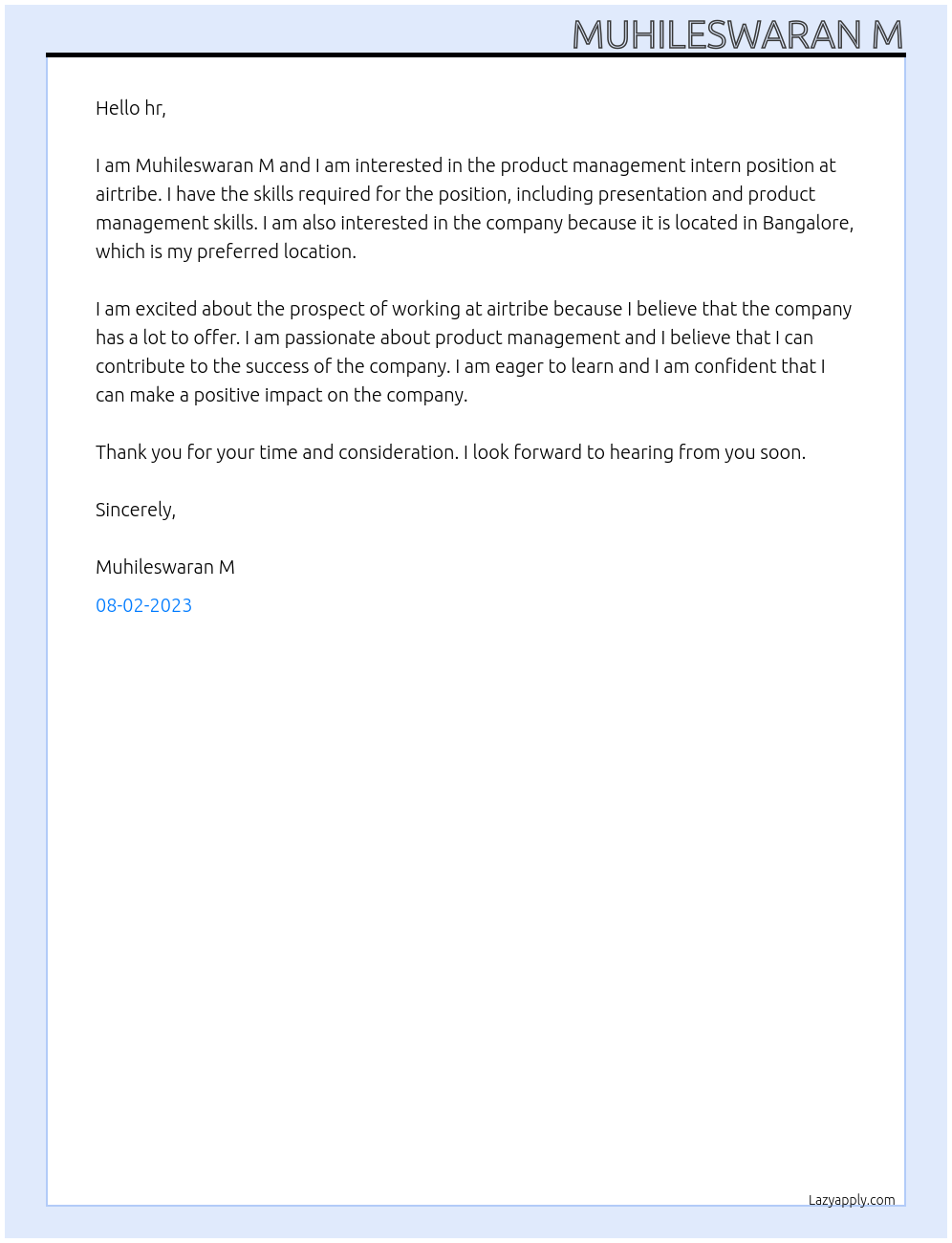 product management intern At airtribe Cover Letter