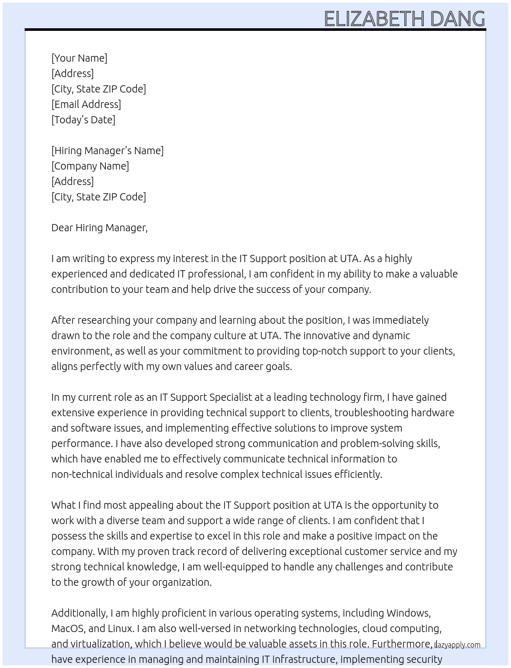 IT support At UTA Cover Letter