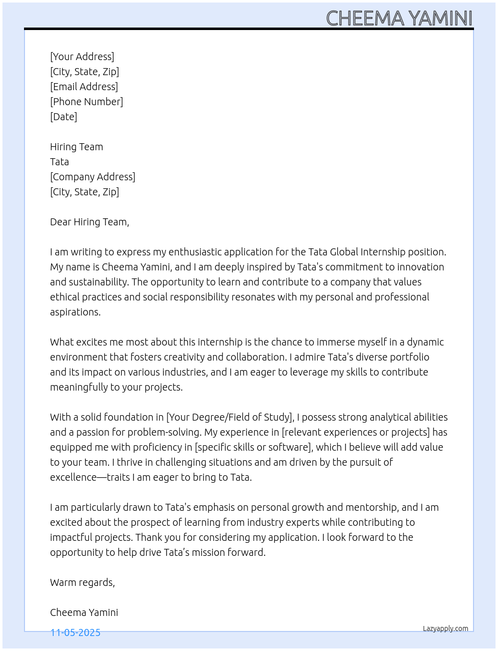 tata global internship At tata Cover Letter