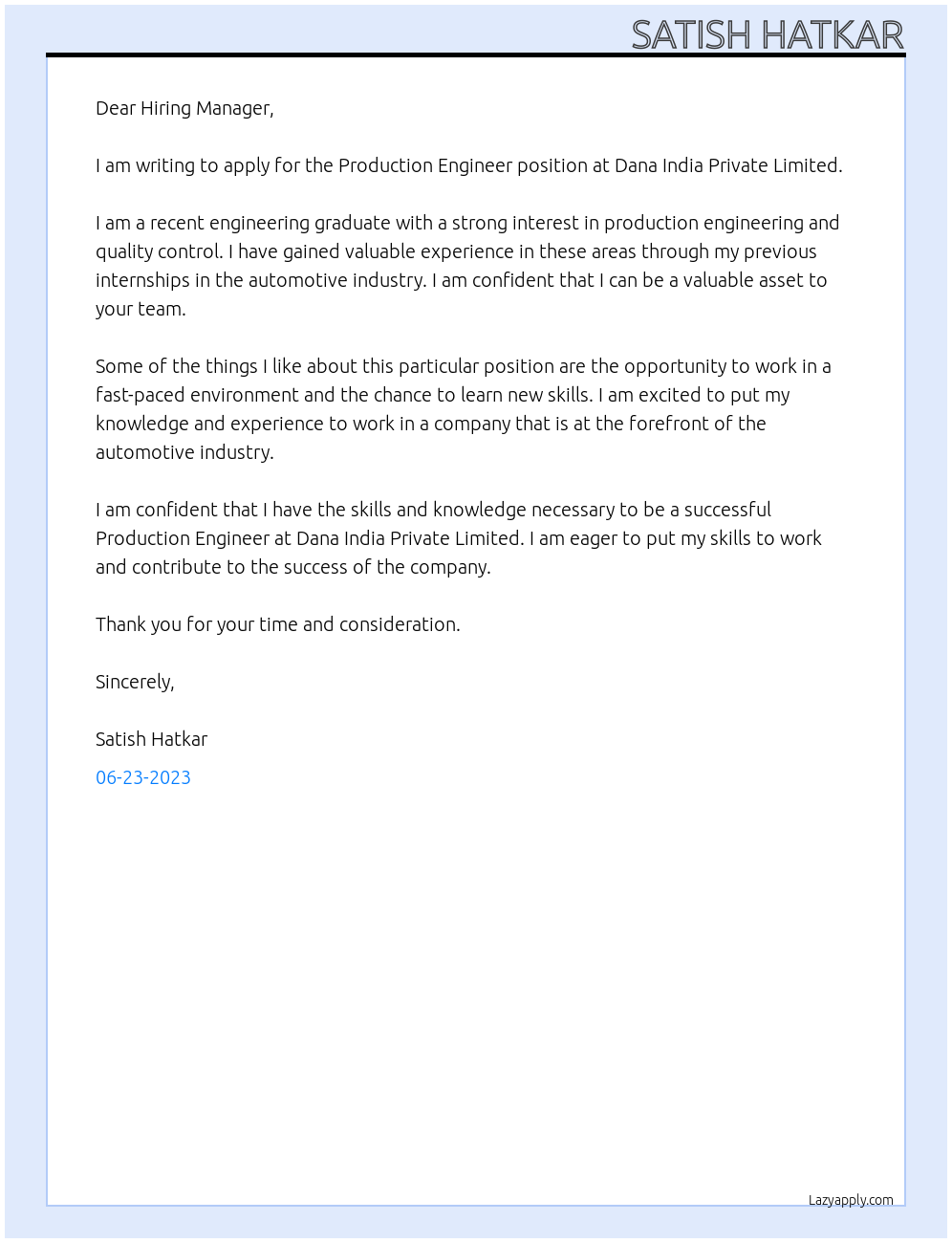 Production Engineer At Dana India Private Limited Cover Letter