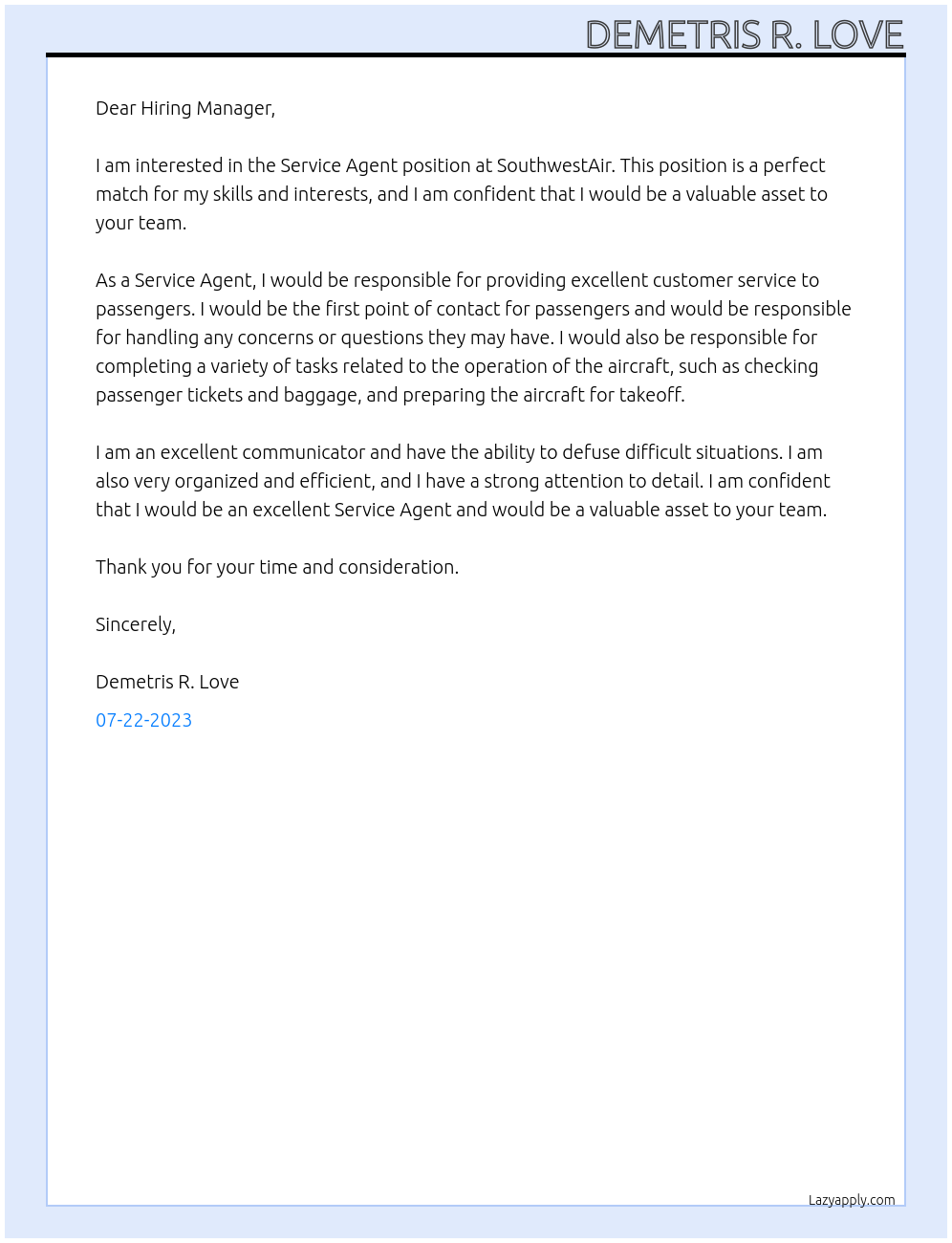 Service Agent At SouthwestAir Cover Letter