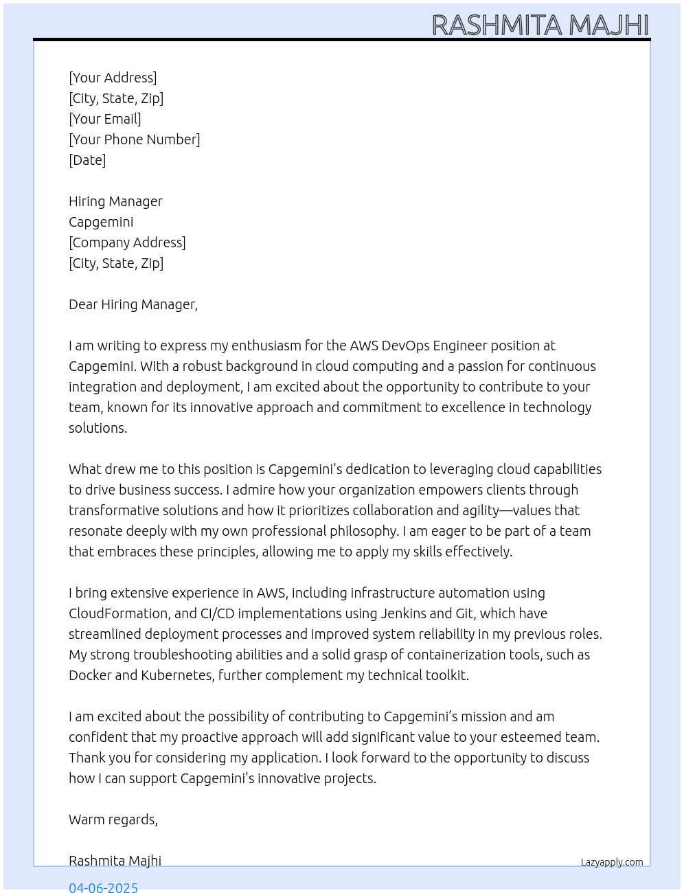 AWS Devops Engineer At Capgemini Cover Letter