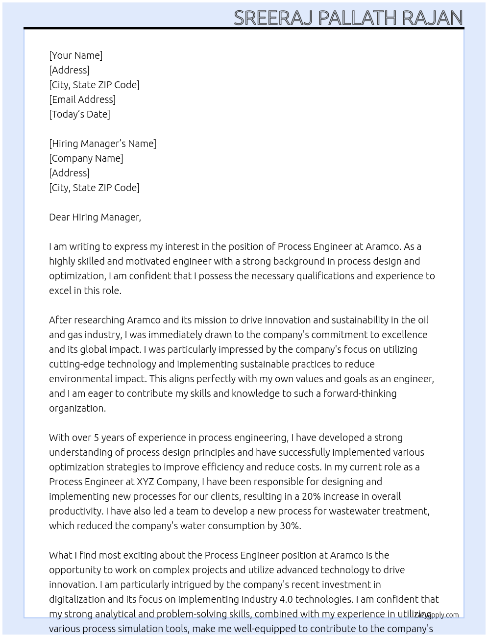 Process Engineer At Aramco Cover Letter