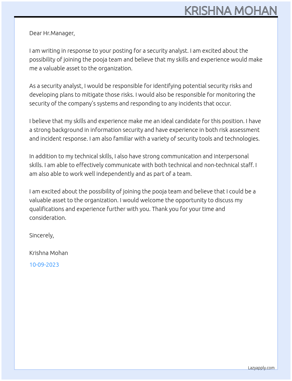 security analyst At pooja Cover Letter