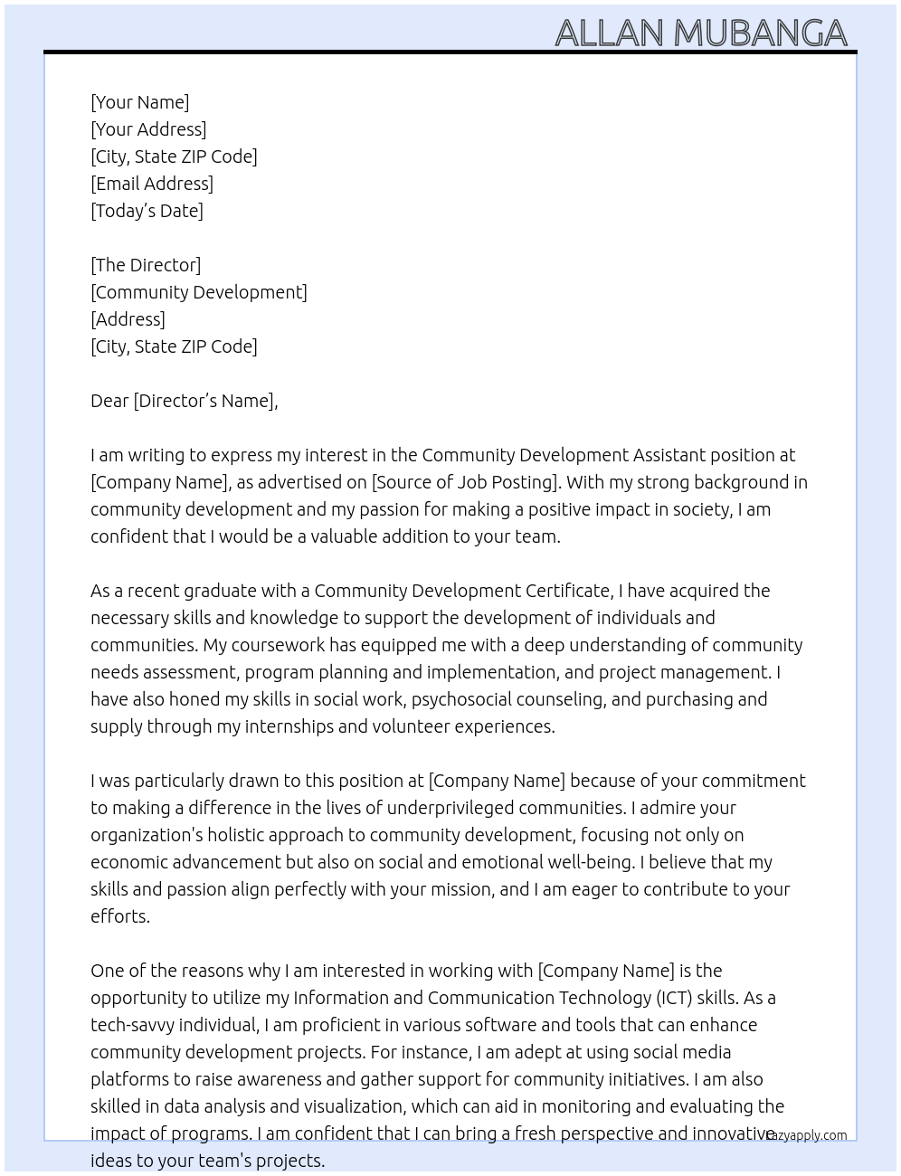 Community Development Assistant At Community Development Cover Letter