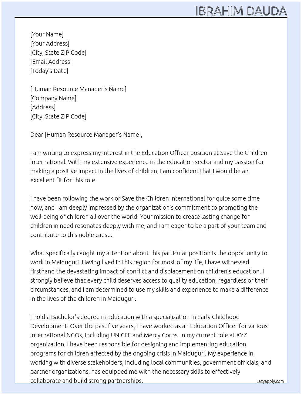 Education officer At Save the Children International Cover Letter