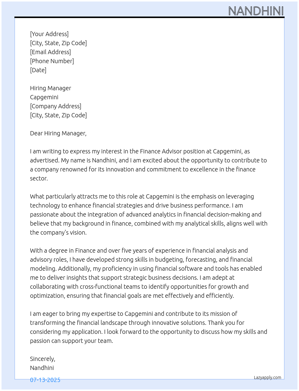 Finance At Capegemini Cover Letter