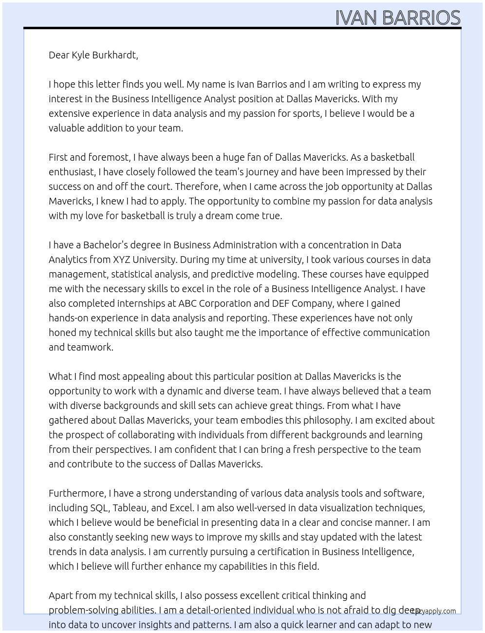 Business Intelligence Analyst At Dallas Mavericks Cover Letter