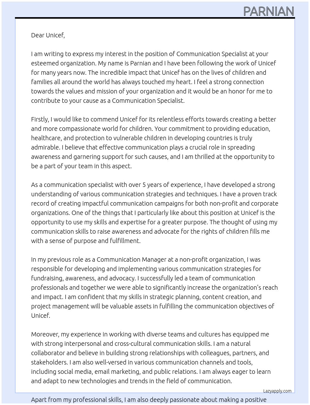 communication specialist At Unicef Cover Letter