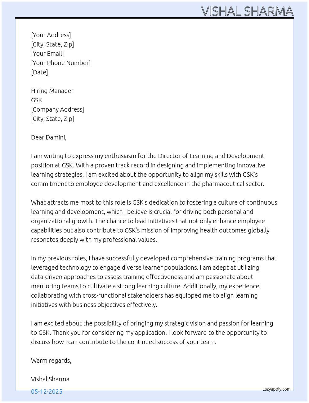 Director Learning and Development At GSK Cover Letter