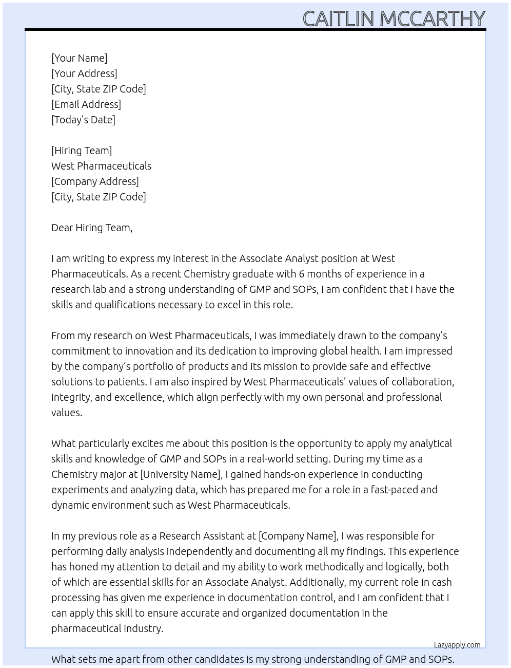 Associate Analyst At West Pharmaceuticals Cover Letter