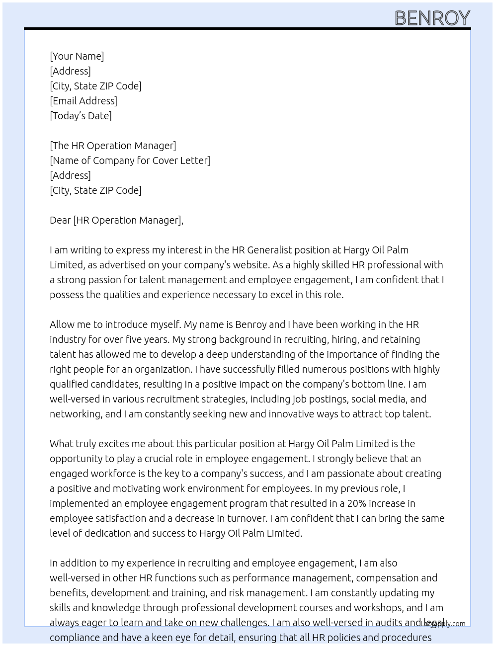 HR GENERALIST At Hargy Oil Palm Limited Cover Letter