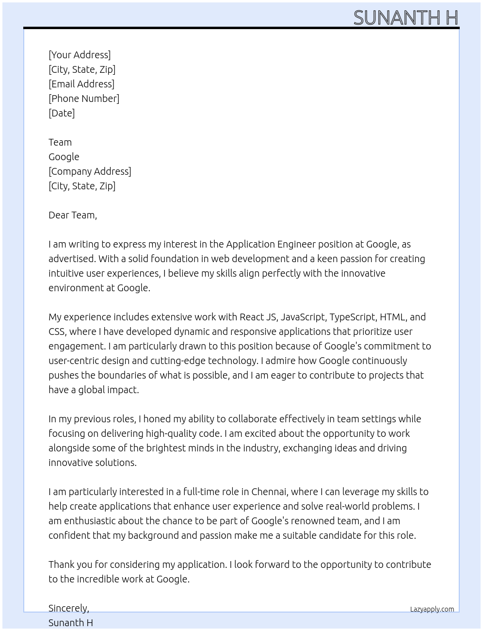 Application Engineer At Google Cover Letter