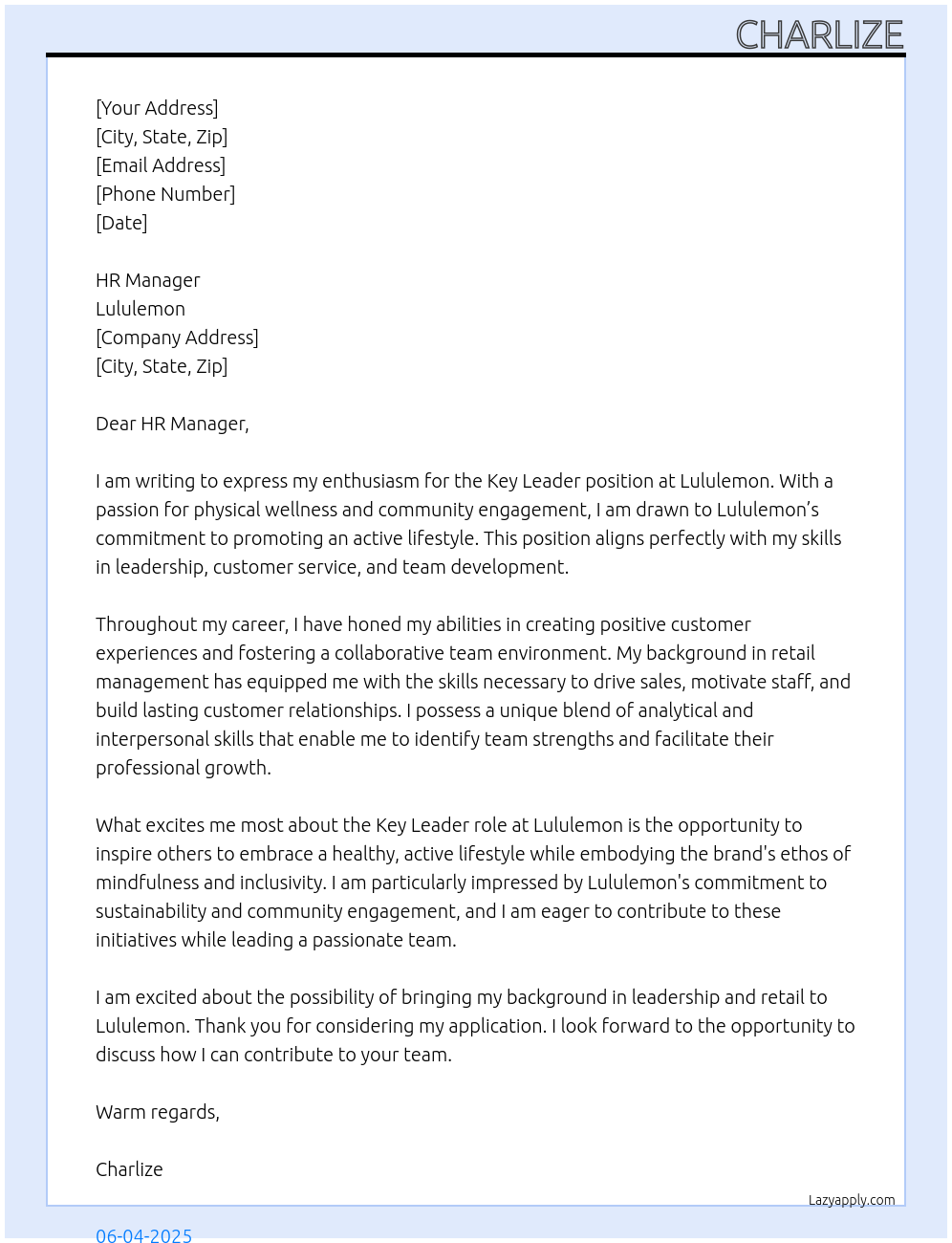 Key Leader At Lululemon Cover Letter
